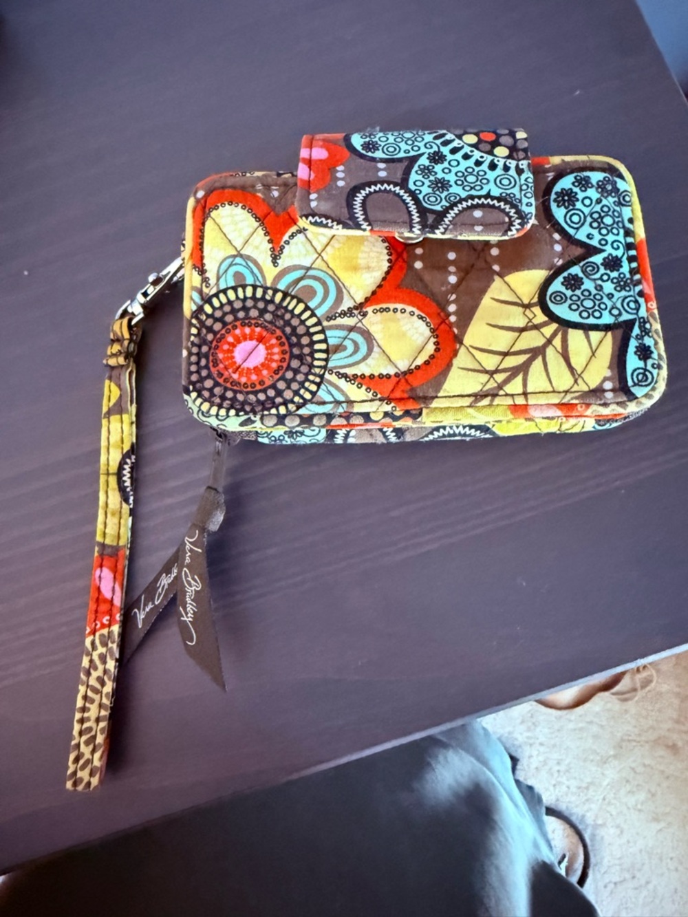 Vera Bradley Floral Patchwork Wristlet in Brown, Yellow, Aqua, Red